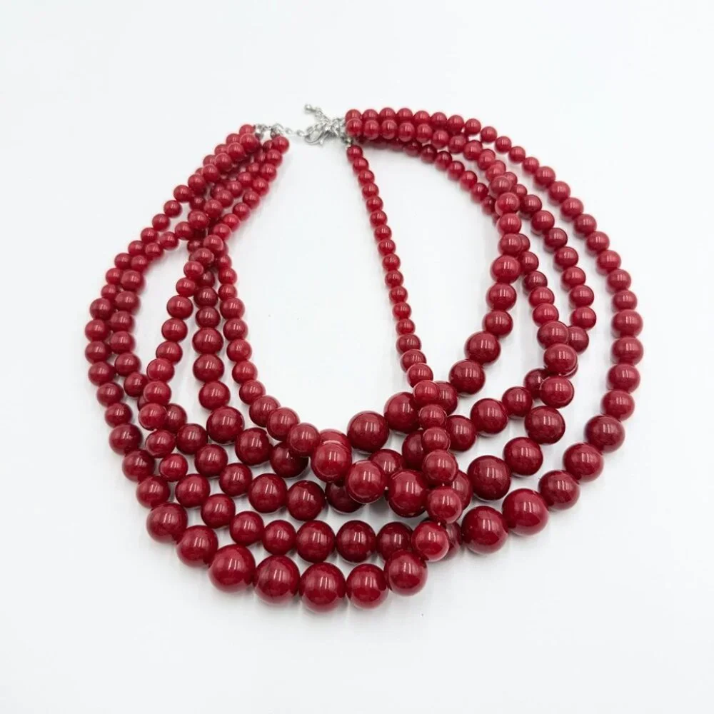 Vintage Red Beaded Multi Strand Statement Necklace Bold Chunky Bib - Picture 2 of 7